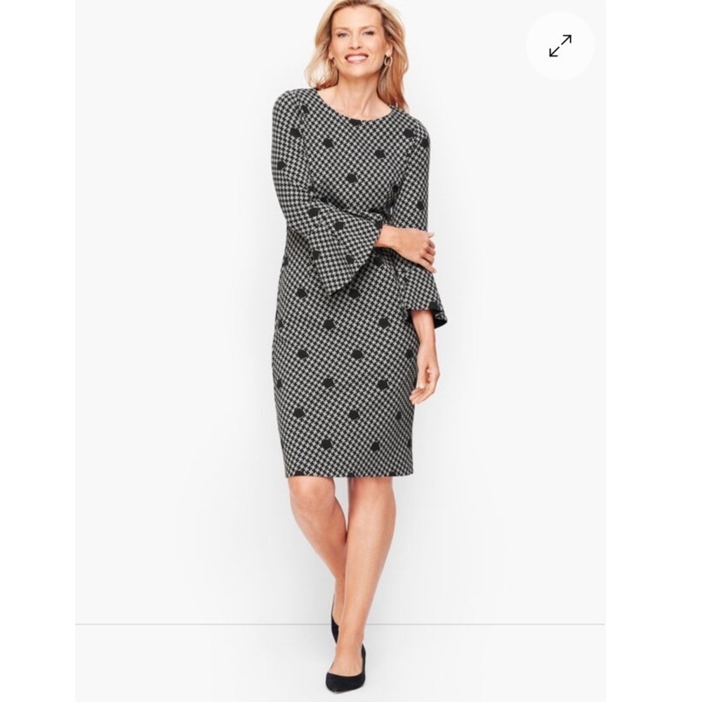 Talbots Gray Black Houndstooth Polka Dot Knit‎ Flare Sleeve Sheath Dress Size 16